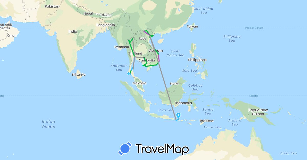 TravelMap itinerary: driving, bus, plane, train, boat in Indonesia, Cambodia, Thailand, Vietnam (Asia)